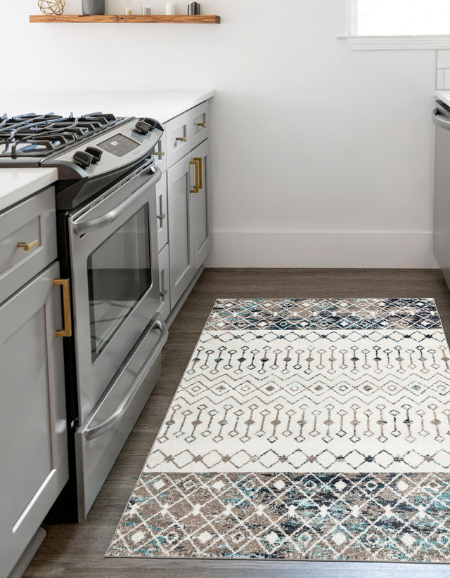 Ivory Gray Blue 10' x 13' 1 Tribal Trellis Rectangle Area Rug Geometric Southwestern Inspired Durable Carpet for Home Interior Design for Sale at Rug Engine