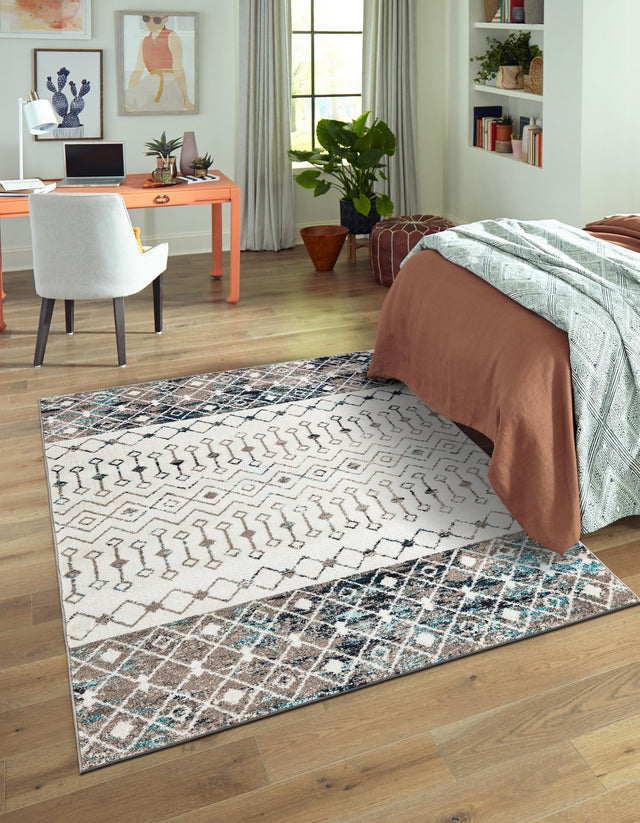 Ivory Gray Blue 10' 8 x 14' Tribal Trellis Rectangle Area Rug Geometric Southwestern Inspired Durable Carpet for Home Interior Design for Sale at Rug Engine