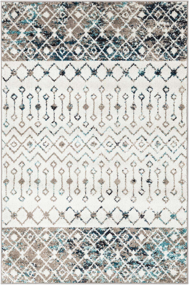 Ivory Gray Blue 4' 1 x 6' 1 Tribal Trellis Rectangle Area Rug Geometric Southwestern Inspired Durable Carpet for Home Interior Design for Sale at Rug Engine
