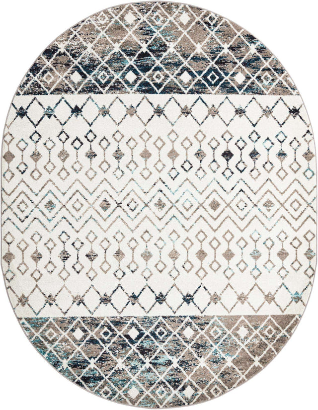Ivory Gray Blue 7' 10 x 10' Tribal Trellis Oval Area Rug Geometric Southwestern Inspired Durable Carpet for Home Interior Design for Sale at Rug Engine