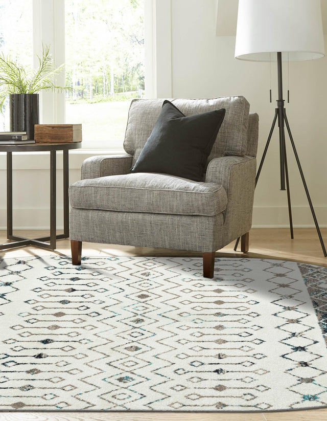 Ivory Gray Blue 7' 10 x 10' Tribal Trellis Oval Area Rug Geometric Southwestern Inspired Durable Carpet for Home Interior Design for Sale at Rug Engine