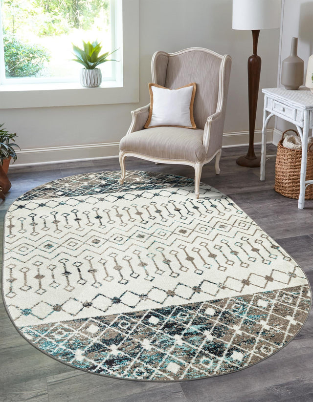 Ivory Gray Blue 5' 3 x 8' Tribal Trellis Oval Area Rug Geometric Southwestern Inspired Durable Carpet for Home Interior Design for Sale at Rug Engine