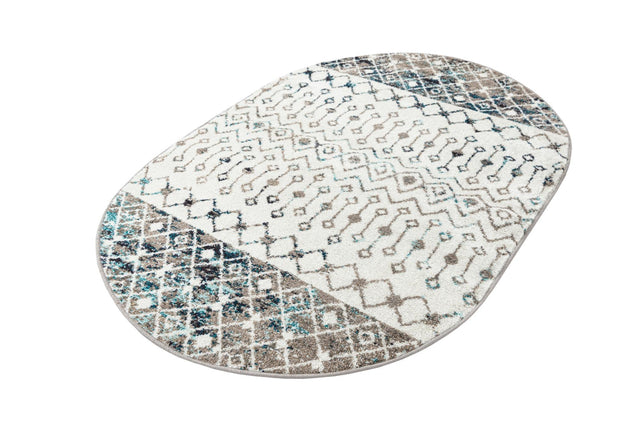 Ivory Gray Blue 4' 1 x 6' 1 Tribal Trellis Oval Area Rug Geometric Southwestern Inspired Durable Carpet for Home Interior Design for Sale at Rug Engine