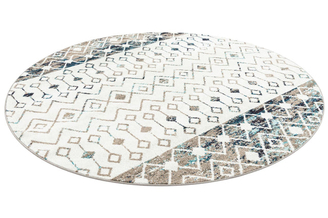 Ivory Gray Blue 7' 10 x 7' 10 Tribal Trellis Round Area Rug Geometric Southwestern Inspired Durable Carpet for Home Interior Design for Sale at Rug Engine