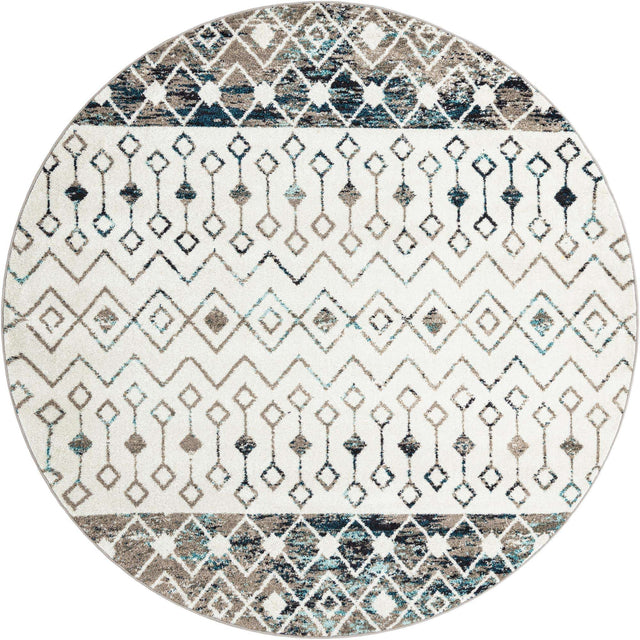 Ivory Gray Blue 7' 10 x 7' 10 Tribal Trellis Round Area Rug Geometric Southwestern Inspired Durable Carpet for Home Interior Design for Sale at Rug Engine