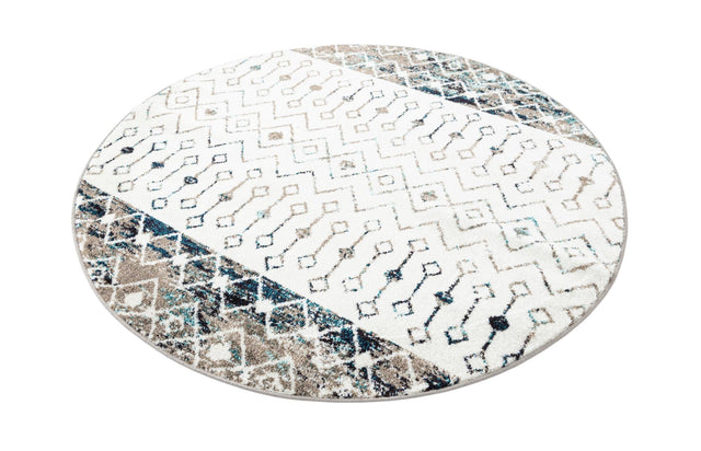 Ivory Gray Blue 5' 3 x 5' 3 Tribal Trellis Round Area Rug Geometric Southwestern Inspired Durable Carpet for Home Interior Design for Sale at Rug Engine