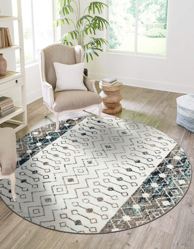 Ivory Gray Blue 5' 3 x 5' 3 Tribal Trellis Round Area Rug Geometric Southwestern Inspired Durable Carpet for Home Interior Design for Sale at Rug Engine
