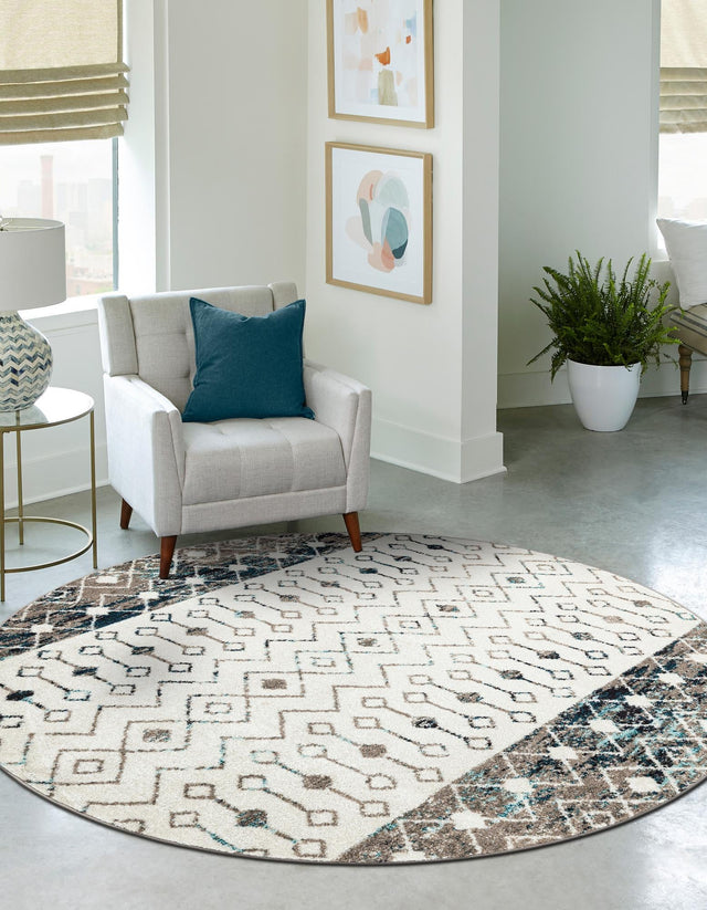 Ivory Gray Blue 5' 3 x 5' 3 Tribal Trellis Round Area Rug Geometric Southwestern Inspired Durable Carpet for Home Interior Design for Sale at Rug Engine