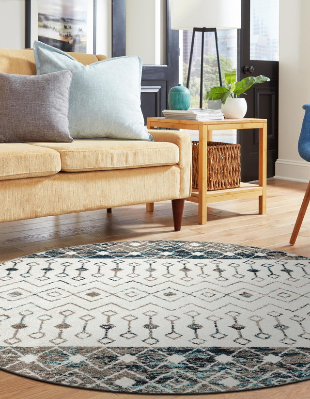 Ivory Gray Blue 10' x 10' Tribal Trellis Round Area Rug Geometric Southwestern Inspired Durable Carpet for Home Interior Design for Sale at Rug Engine