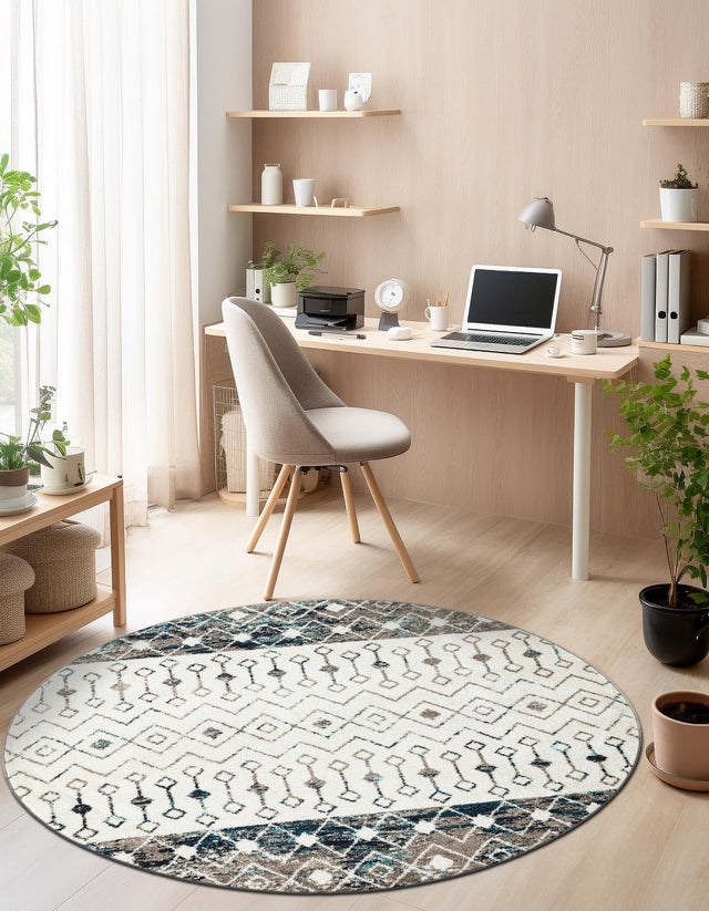 Ivory Gray Blue 6' 1 x 6' 1 Tribal Trellis Round Area Rug Geometric Southwestern Inspired Durable Carpet for Home Interior Design for Sale at Rug Engine