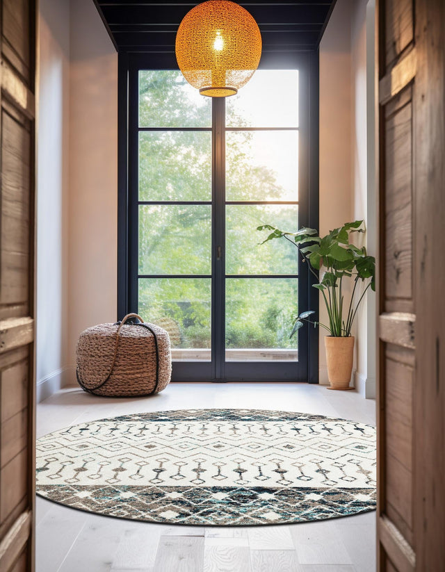 Ivory Gray Blue 6' 1 x 6' 1 Tribal Trellis Round Area Rug Geometric Southwestern Inspired Durable Carpet for Home Interior Design for Sale at Rug Engine