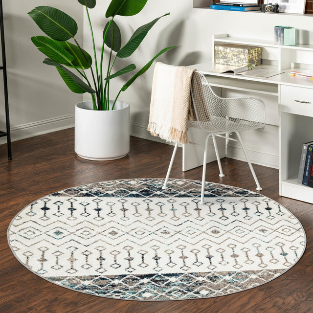 Ivory Gray Blue 5' 3 x 5' 3 Tribal Trellis Round Area Rug Geometric Southwestern Inspired Durable Carpet for Home Interior Design for Sale at Rug Engine