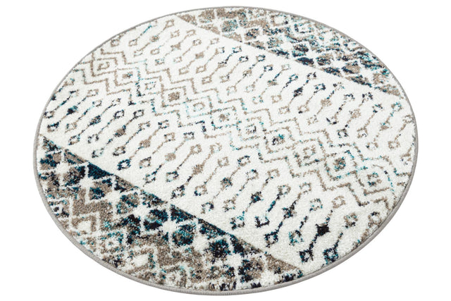 Ivory Gray Blue 3' 1 x 3' 1 Tribal Trellis Round Area Rug Geometric Southwestern Inspired Durable Carpet for Home Interior Design for Sale at Rug Engine