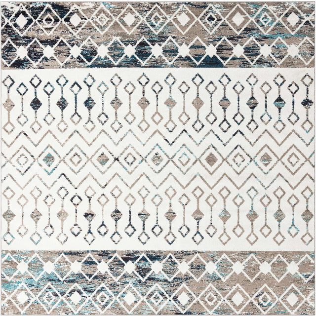 Ivory Gray Blue 10' x 10' Tribal Trellis Square Area Rug Geometric Southwestern Inspired Durable Carpet for Home Interior Design for Sale at Rug Engine