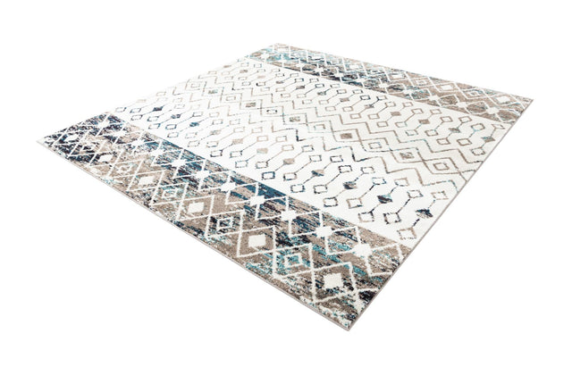 Ivory Gray Blue 7' 10 x 7' 10 Tribal Trellis Square Area Rug Geometric Southwestern Inspired Durable Carpet for Home Interior Design for Sale at Rug Engine