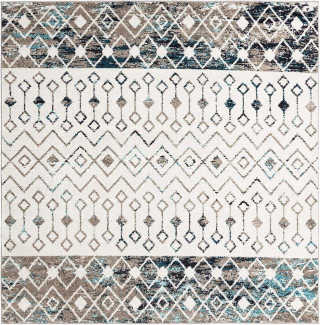 Ivory Gray Blue 7' 10 x 7' 10 Tribal Trellis Square Area Rug Geometric Southwestern Inspired Durable Carpet for Home Interior Design for Sale at Rug Engine