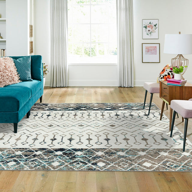 Ivory Gray Blue 6' 1 x 6' 1 Tribal Trellis Square Area Rug Geometric Southwestern Inspired Durable Carpet for Home Interior Design for Sale at Rug Engine