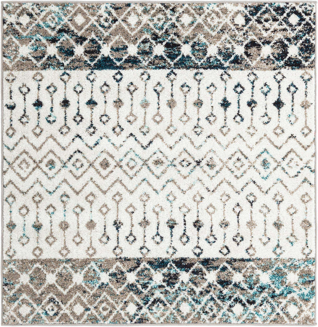 Ivory Gray Blue 4' 1 x 4' 1 Tribal Trellis Square Area Rug Geometric Southwestern Inspired Durable Carpet for Home Interior Design for Sale at Rug Engine