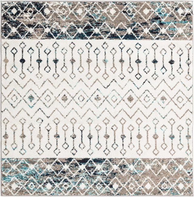 Ivory Gray Blue 5' 3 x 5' 3 Tribal Trellis Square Area Rug Geometric Southwestern Inspired Durable Carpet for Home Interior Design for Sale at Rug Engine