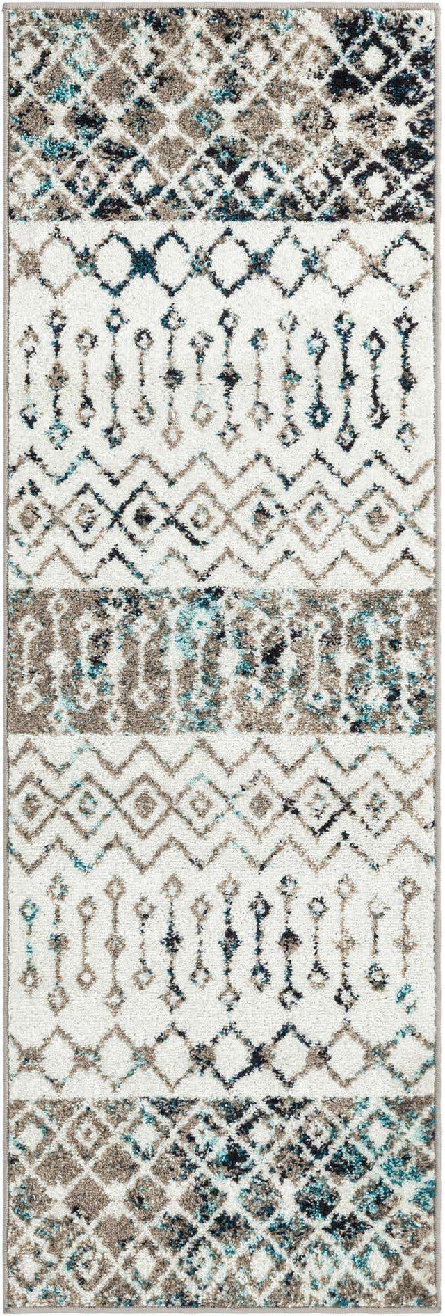 Ivory Gray Blue 2' x 6' 1 Tribal Trellis Runner Area Rug Geometric Southwestern Inspired Durable Carpet for Home Interior Design for Sale at Rug Engine
