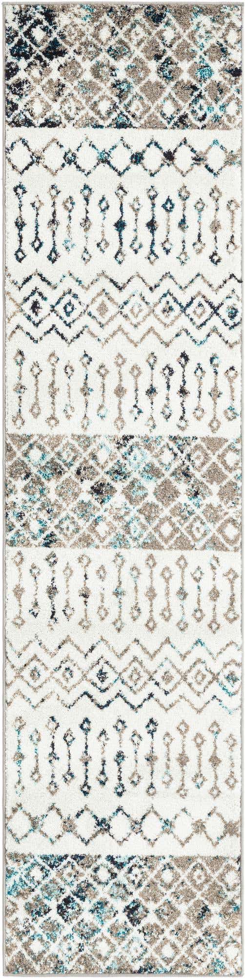 Ivory Gray Blue 2' x 8' Tribal Trellis Runner Area Rug Geometric Southwestern Inspired Durable Carpet for Home Interior Design for Sale at Rug Engine