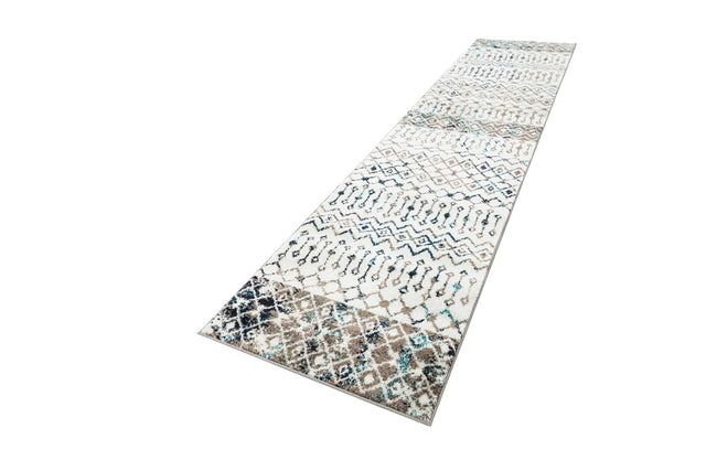 Ivory Gray Blue 2' 7 x 12' Tribal Trellis Runner Area Rug Geometric Southwestern Inspired Durable Carpet for Home Interior Design for Sale at Rug Engine