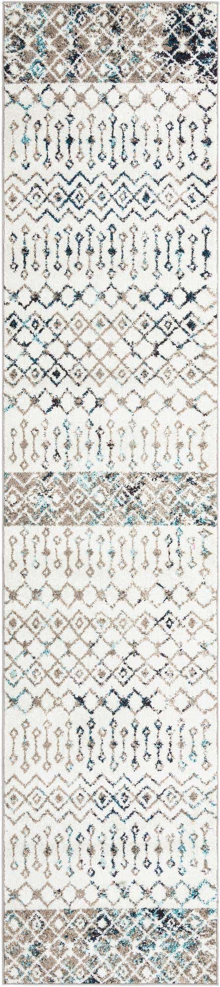 Ivory Gray Blue 2' 7 x 12' Tribal Trellis Runner Area Rug Geometric Southwestern Inspired Durable Carpet for Home Interior Design for Sale at Rug Engine