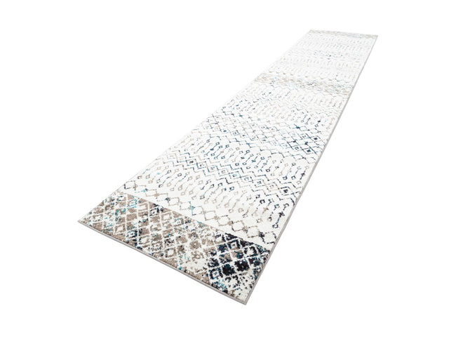 Ivory Gray Blue 3' 3 x 16' 5 Tribal Trellis Runner Area Rug Geometric Southwestern Inspired Durable Carpet for Home Interior Design for Sale at Rug Engine