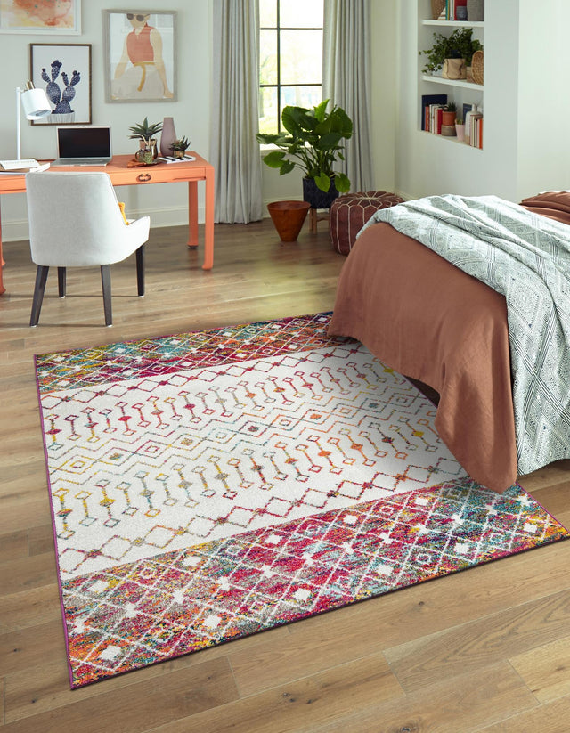 Ivory Multicolor 5' 3 x 8' Tribal Trellis Rectangle Area Rug Geometric Southwestern Inspired Durable Carpet for Home Interior Design for Sale at Rug Engine