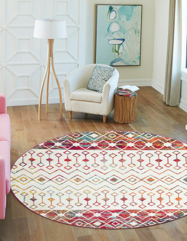 Ivory Multicolor 6' 1 x 6' 1 Tribal Trellis Round Area Rug Geometric Southwestern Inspired Durable Carpet for Home Interior Design for Sale at Rug Engine