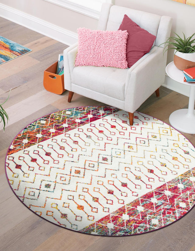 Ivory Multicolor 10' x 10' Tribal Trellis Round Area Rug Geometric Southwestern Inspired Durable Carpet for Home Interior Design for Sale at Rug Engine