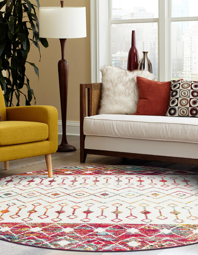 Ivory Multicolor 3' 1 x 3' 1 Tribal Trellis Round Area Rug Geometric Southwestern Inspired Durable Carpet for Home Interior Design for Sale at Rug Engine