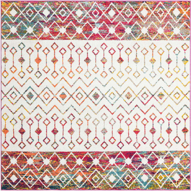 Ivory Multicolor 7' 10 x 7' 10 Tribal Trellis Square Area Rug Geometric Southwestern Inspired Durable Carpet for Home Interior Design for Sale at Rug Engine