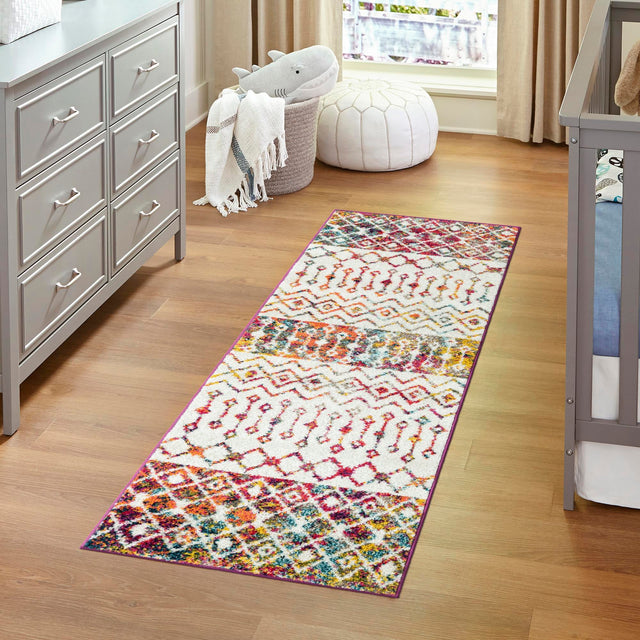 Ivory Multicolor 2' 7 x 10' Tribal Trellis Runner Area Rug Geometric Southwestern Inspired Durable Carpet for Home Interior Design for Sale at Rug Engine