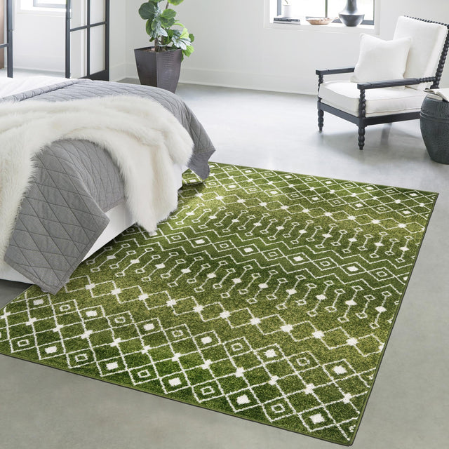 Green 4' 1 x 6' 1 Tribal Trellis Rectangle Area Rug Geometric Southwestern Inspired Durable Carpet for Home Interior Design for Sale at Rug Engine