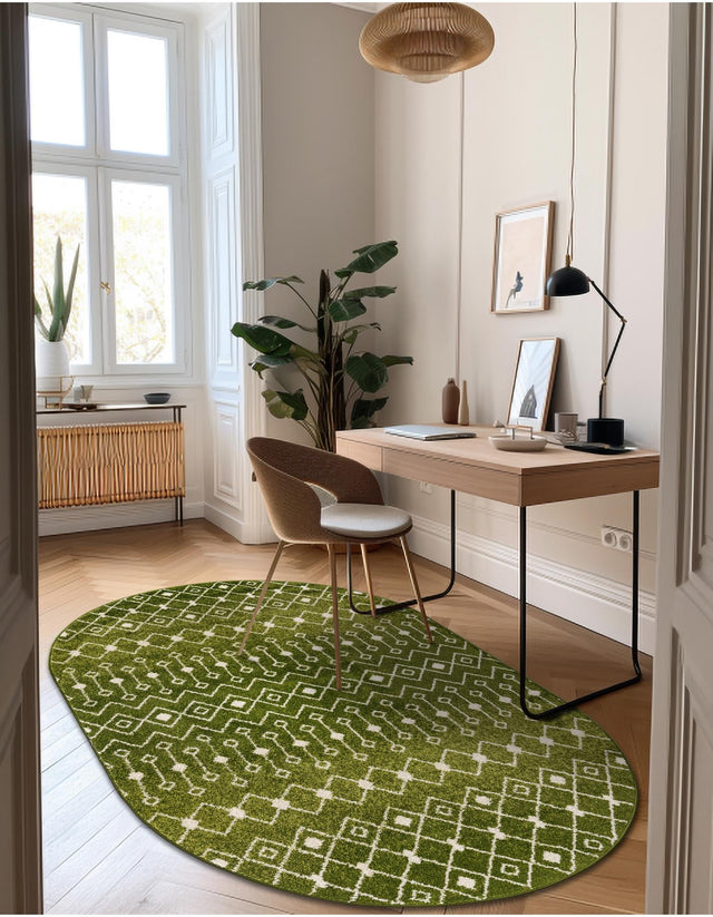 Green 4' 1 x 6' 1 Tribal Trellis Oval Area Rug Geometric Southwestern Inspired Durable Carpet for Home Interior Design for Sale at Rug Engine