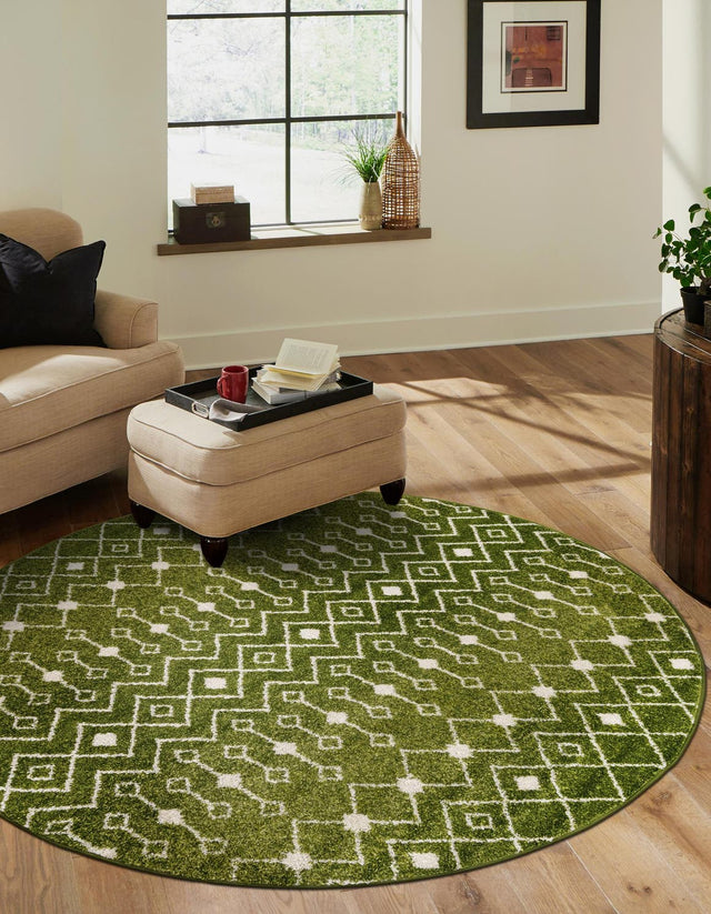 Green 3' 1 x 3' 1 Tribal Trellis Round Area Rug Geometric Southwestern Inspired Durable Carpet for Home Interior Design for Sale at Rug Engine