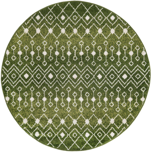 Green 5' 3 x 5' 3 Tribal Trellis Round Area Rug Geometric Southwestern Inspired Durable Carpet for Home Interior Design for Sale at Rug Engine
