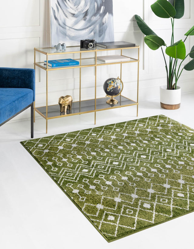 Green 4' 1 x 4' 1 Tribal Trellis Square Area Rug Geometric Southwestern Inspired Durable Carpet for Home Interior Design for Sale at Rug Engine