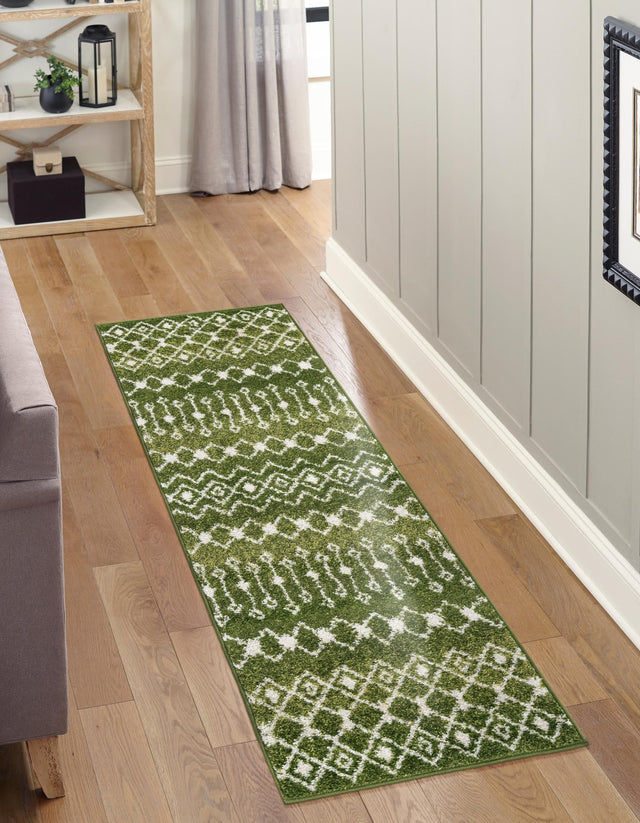 Green 3' 3 x 16' 5 Tribal Trellis Runner Area Rug Geometric Southwestern Inspired Durable Carpet for Home Interior Design for Sale at Rug Engine