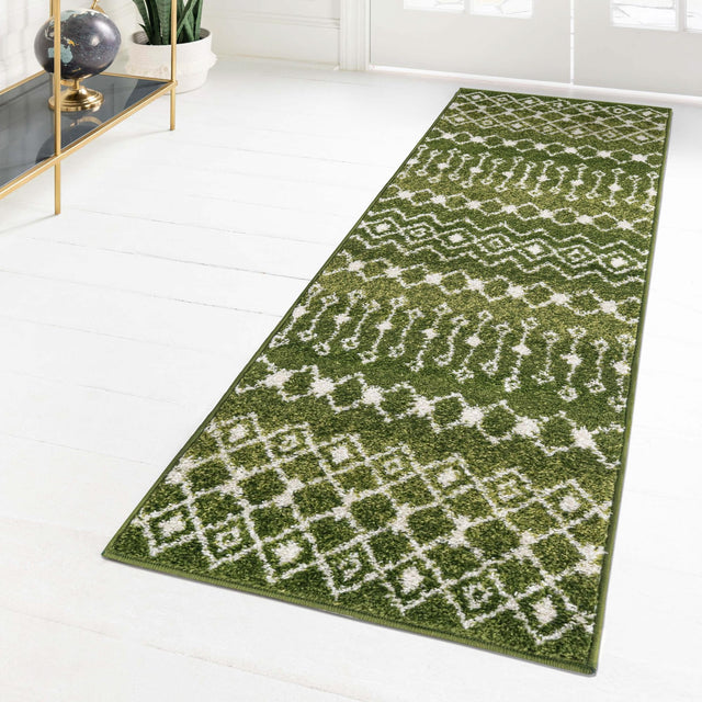 Green 2' 7 x 10' Tribal Trellis Runner Area Rug Geometric Southwestern Inspired Durable Carpet for Home Interior Design for Sale at Rug Engine