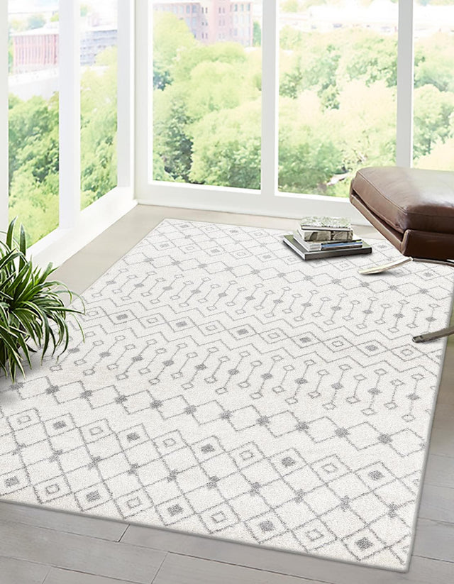 Ivory and Gray 7' 10 x 10' Tribal Trellis Rectangle Area Rug Geometric Southwestern Inspired Durable Carpet for Home Interior Design for Sale at Rug Engine