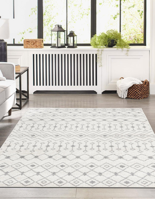 Ivory and Gray 6' 1 x 9' Tribal Trellis Rectangle Area Rug Geometric Southwestern Inspired Durable Carpet for Home Interior Design for Sale at Rug Engine