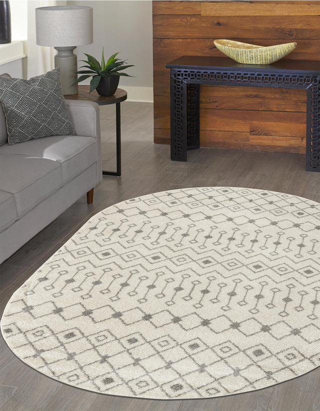 Ivory and Gray 7' 10 x 10' Tribal Trellis Oval Area Rug Geometric Southwestern Inspired Durable Carpet for Home Interior Design for Sale at Rug Engine