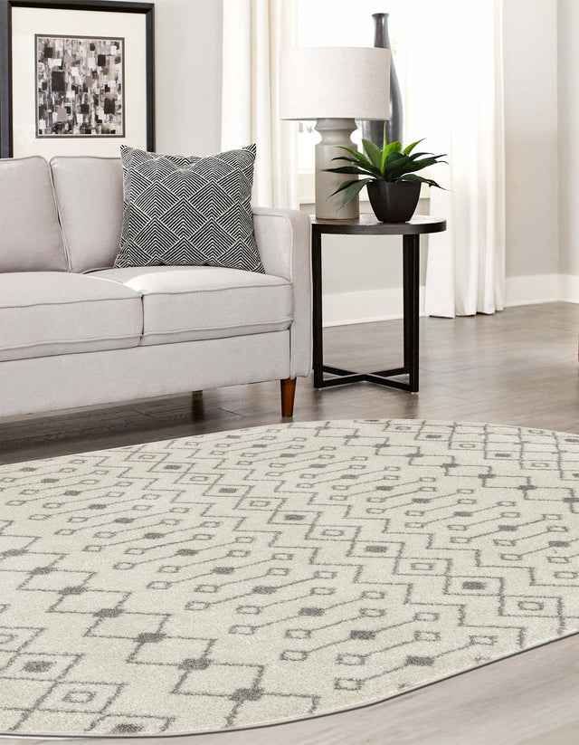 Ivory and Gray 4' 1 x 6' 1 Tribal Trellis Oval Area Rug Geometric Southwestern Inspired Durable Carpet for Home Interior Design for Sale at Rug Engine