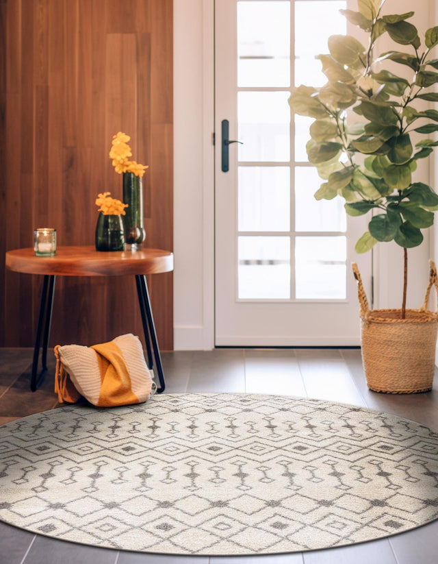 Ivory and Gray 3' 1 x 3' 1 Tribal Trellis Round Area Rug Geometric Southwestern Inspired Durable Carpet for Home Interior Design for Sale at Rug Engine
