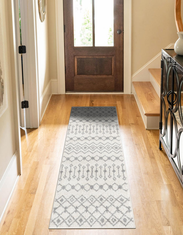 Ivory and Gray 2' 7 x 12' Tribal Trellis Runner Area Rug Geometric Southwestern Inspired Durable Carpet for Home Interior Design for Sale at Rug Engine