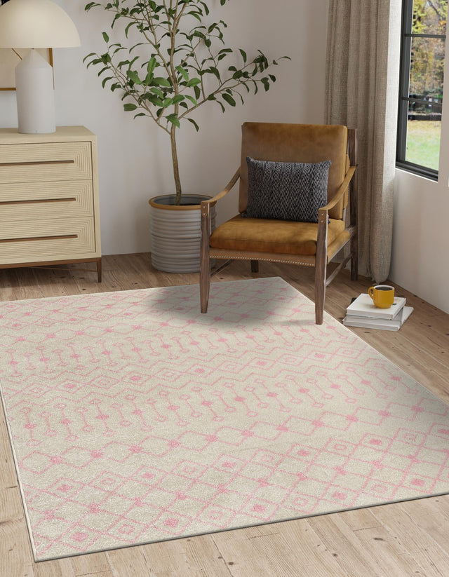 Ivory and Pink 9' x 12' Tribal Trellis Rectangle Area Rug Geometric Southwestern Inspired Durable Carpet for Home Interior Design for Sale at Rug Engine