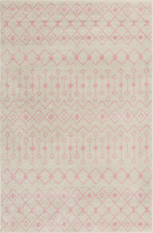 Ivory and Pink 5' 3 x 8' Tribal Trellis Rectangle Area Rug Geometric Southwestern Inspired Durable Carpet for Home Interior Design for Sale at Rug Engine