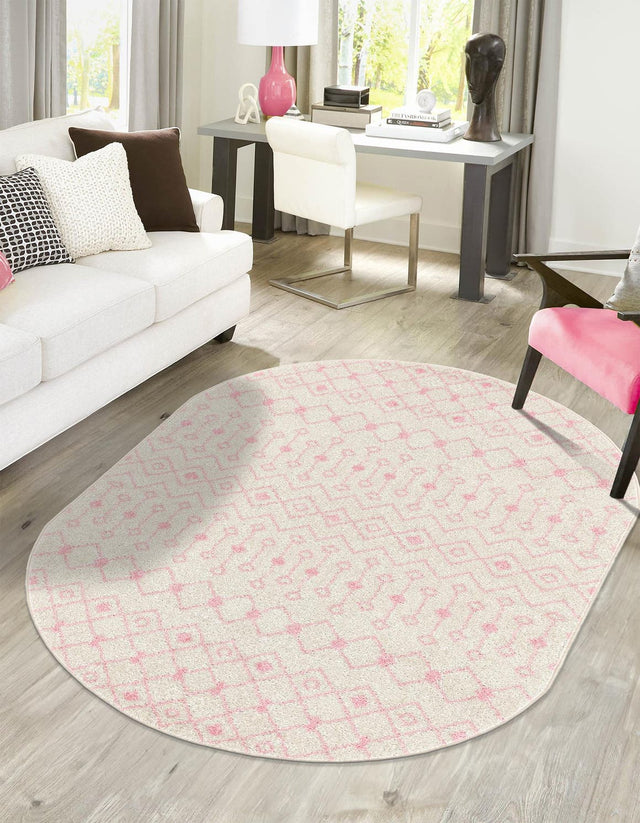 Ivory and Pink 7' 10 x 10' Tribal Trellis Oval Area Rug Geometric Southwestern Inspired Durable Carpet for Home Interior Design for Sale at Rug Engine